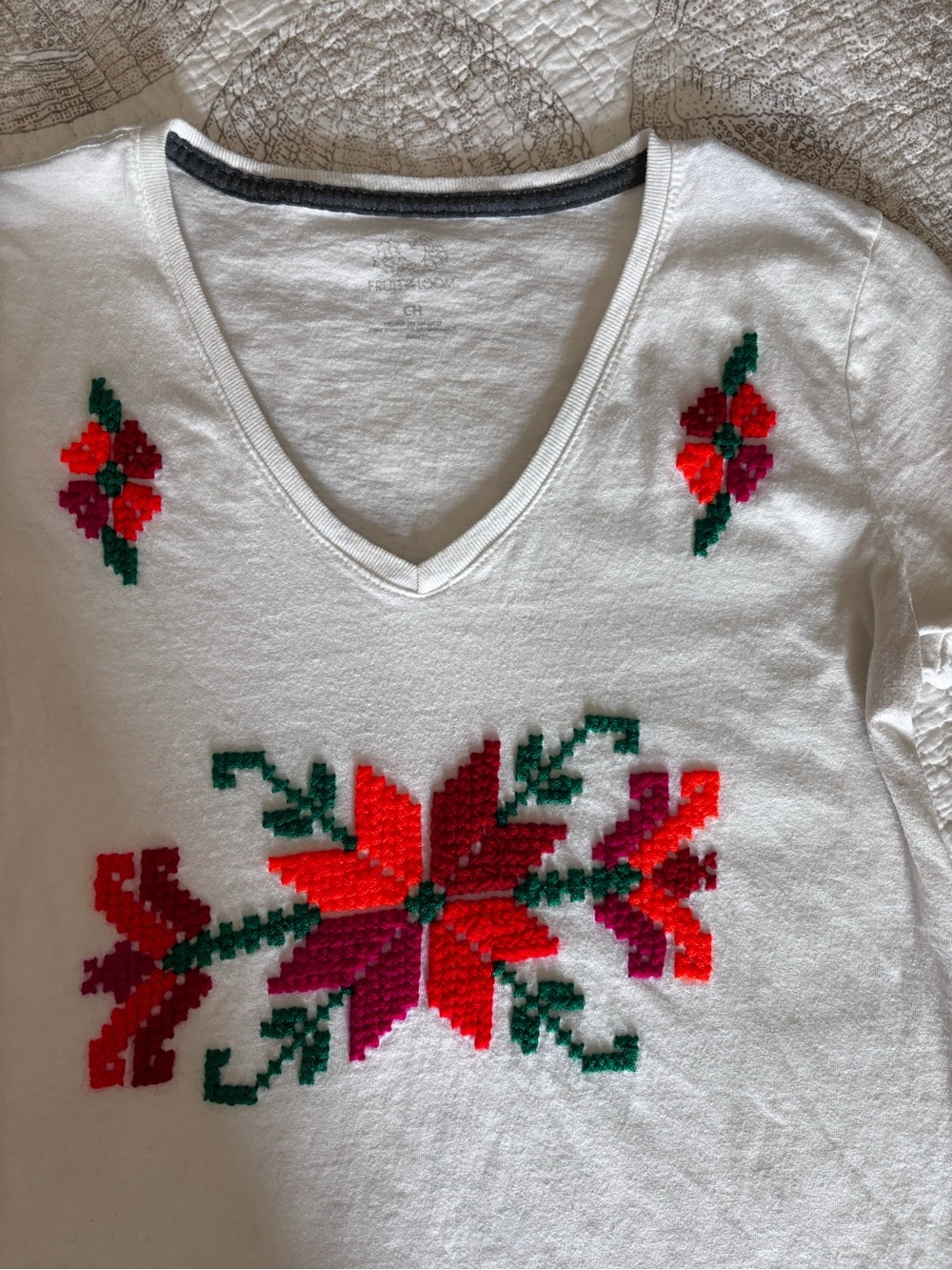 Women's V-Neck Short Sleeve Tee with Red Floral Embroidery